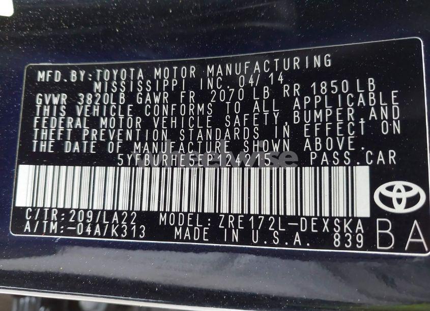 Photo 9 of 2014 Toyota Corolla L/LE/LE PLS/PRM/S/S PLS (VIN 5YFBURHE5EP124215)