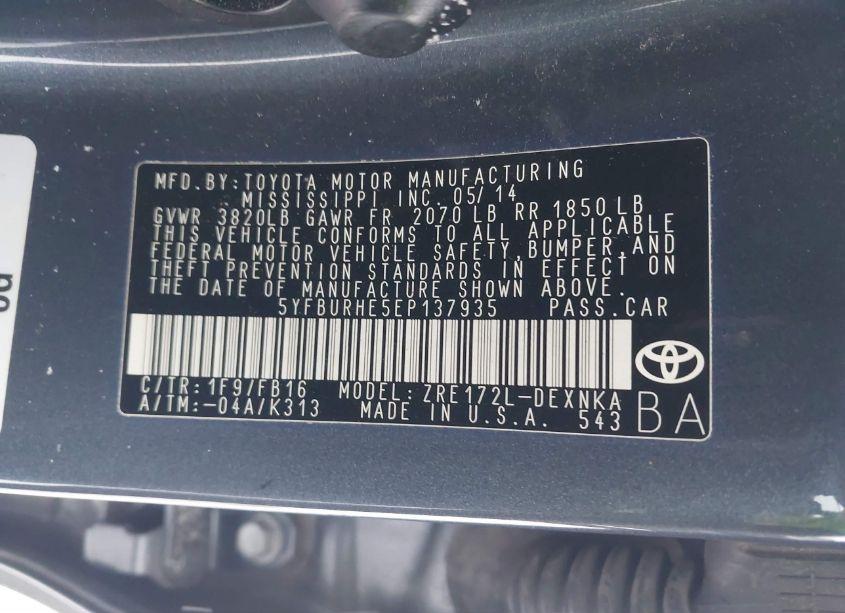 Photo 9 of 2014 Toyota Corolla LE (VIN 5YFBURHE5EP137935)