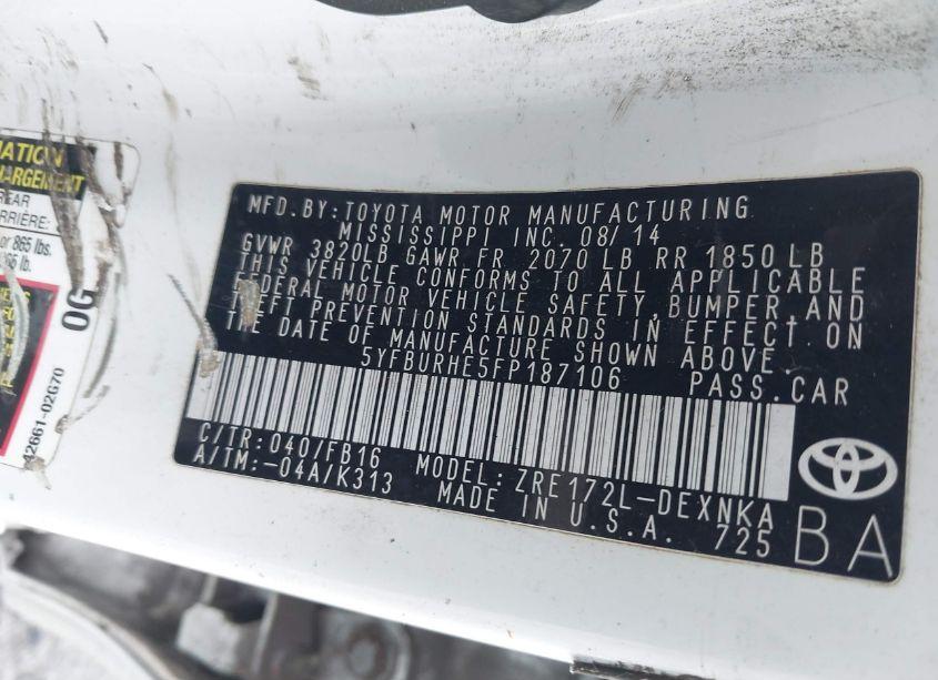 Photo 9 of 2015 Toyota Corolla LE PLUS (VIN 5YFBURHE5FP187106)