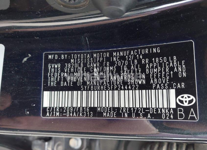 Photo 9 of 2015 Toyota Corolla L/LE/LE PLUS/LE PREMIUM/S/S PLUS/S PREMIUM (VIN 5YFBURHE5FP244422)