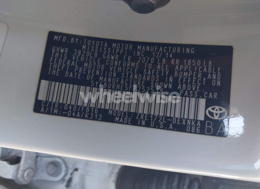 Photo 9 of 2015 Toyota Corolla LE (VIN 5YFBURHE5FP252519)