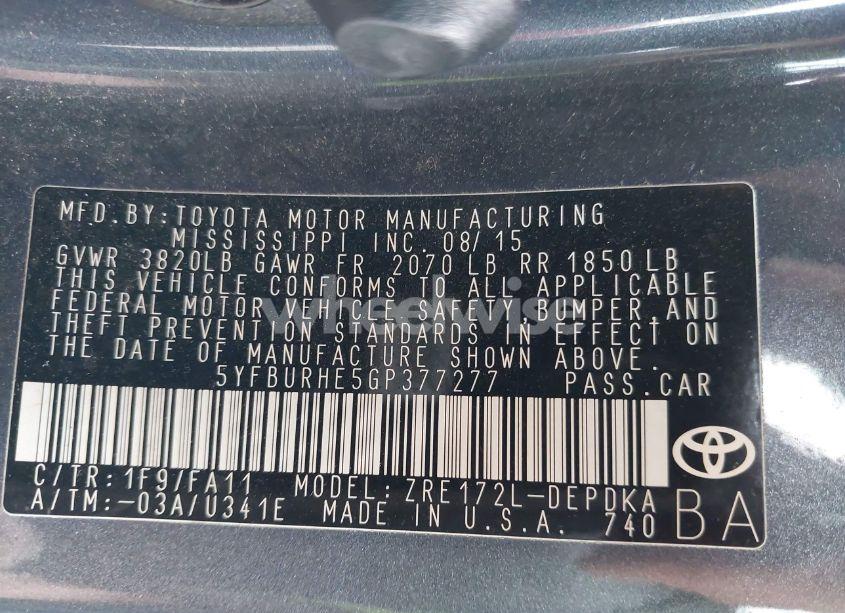 Photo 9 of 2016 Toyota Corolla L (VIN 5YFBURHE5GP377277)