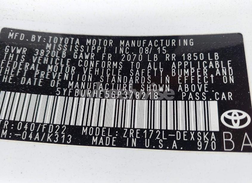 Photo 9 of 2016 Toyota Corolla S PLUS (VIN 5YFBURHE5GP378218)