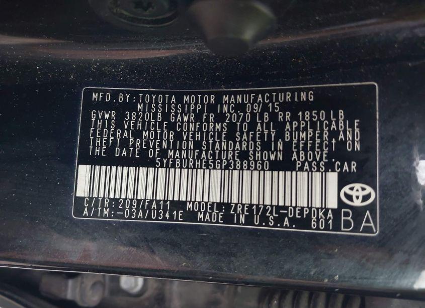 Photo 9 of 2016 Toyota Corolla L (VIN 5YFBURHE5GP388960)