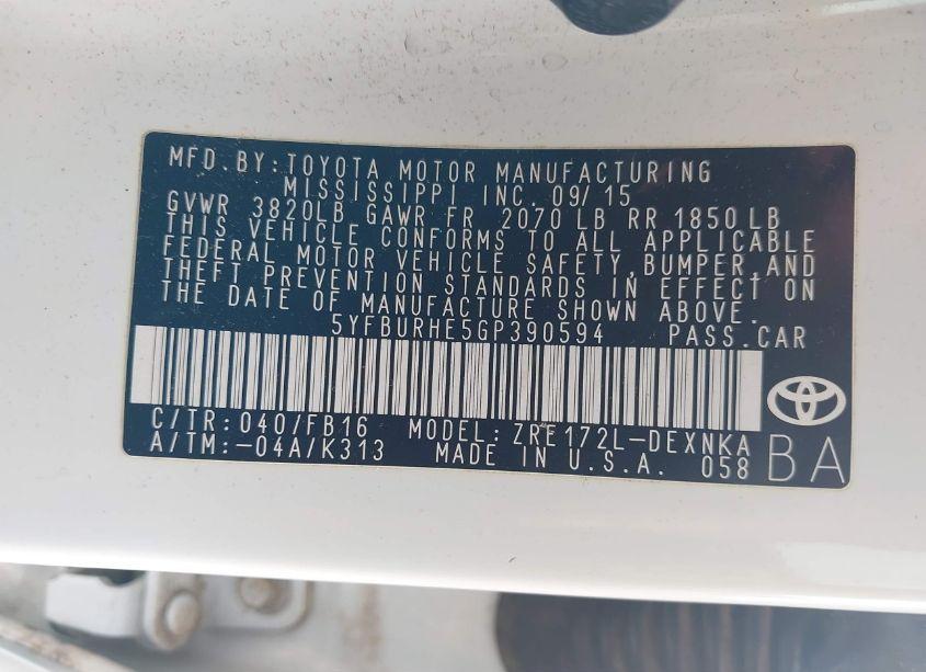 Photo 9 of 2016 Toyota Corolla LE (VIN 5YFBURHE5GP390594)