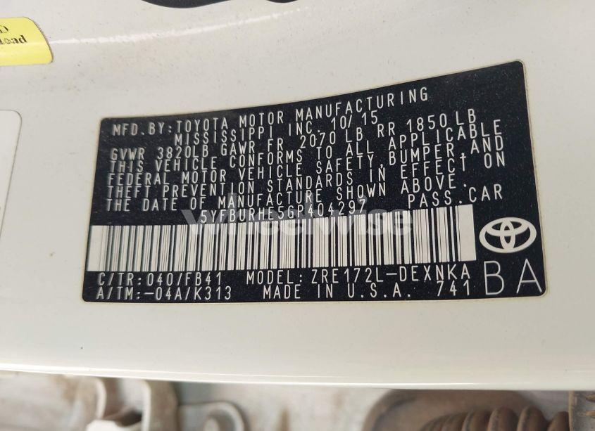 Photo 9 of 2016 Toyota Corolla LE (VIN 5YFBURHE5GP404297)