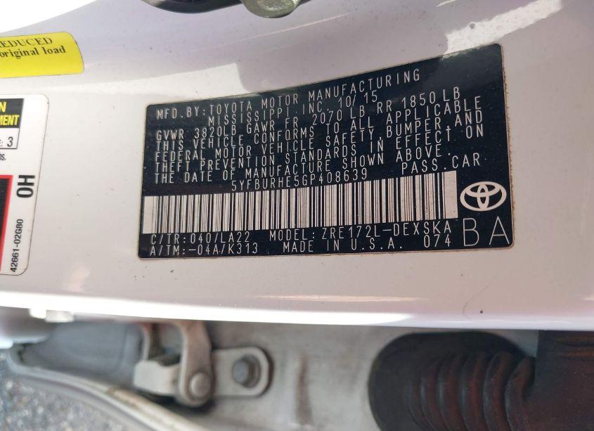 Photo 9 of 2016 Toyota Corolla S PREMIUM (VIN 5YFBURHE5GP408639)