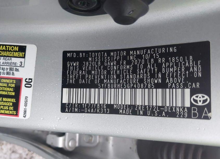 Photo 9 of 2016 Toyota Corolla LE (VIN 5YFBURHE5GP408785)