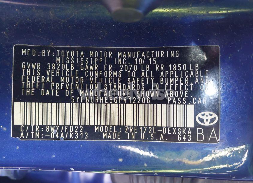 Photo 9 of 2016 Toyota Corolla S PLUS (VIN 5YFBURHE5GP412206)