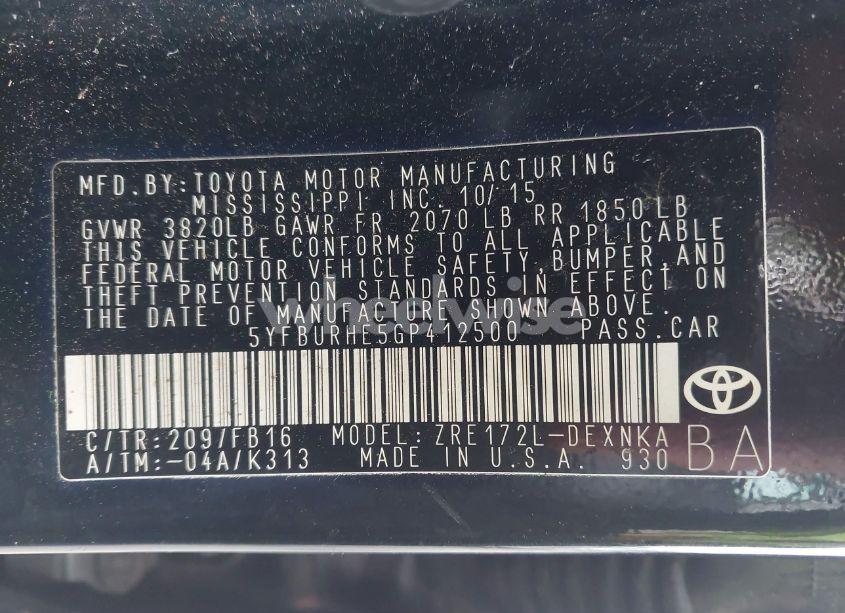 Photo 9 of 2016 Toyota Corolla LE PLUS (VIN 5YFBURHE5GP412500)