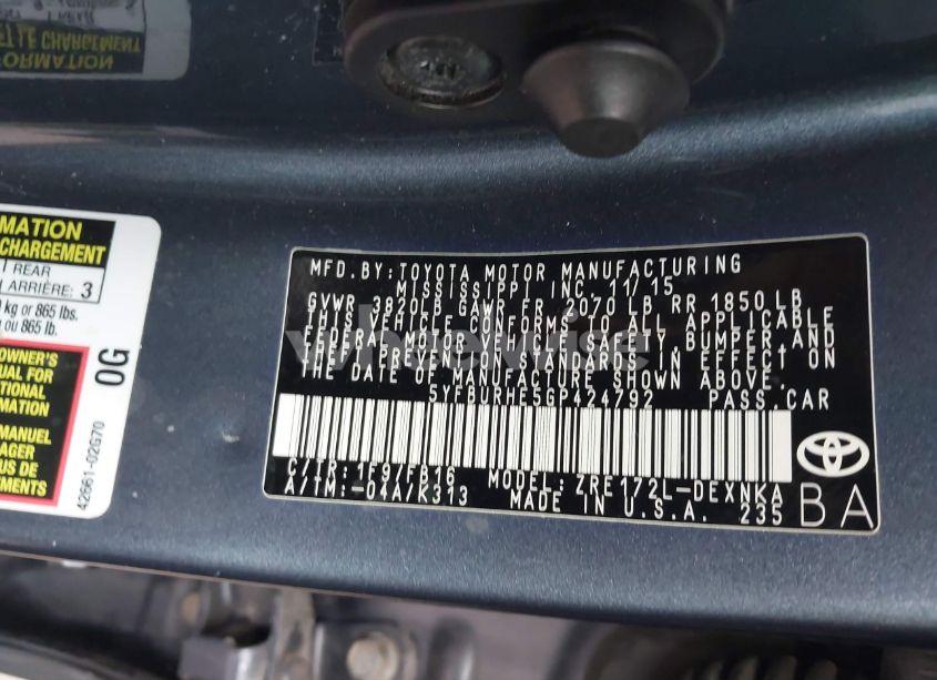 Photo 9 of 2016 Toyota Corolla LE (VIN 5YFBURHE5GP424792)