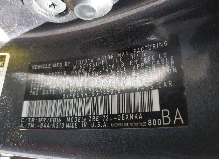 Photo 9 of 2016 Toyota Corolla LE (VIN 5YFBURHE5GP450387)