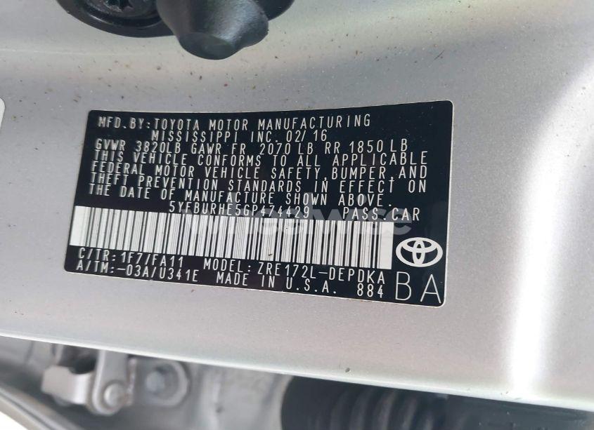 Photo 9 of 2016 Toyota Corolla L (VIN 5YFBURHE5GP474429)