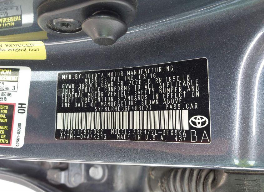 Photo 9 of 2016 Toyota Corolla S PLUS (VIN 5YFBURHE5GP488024)