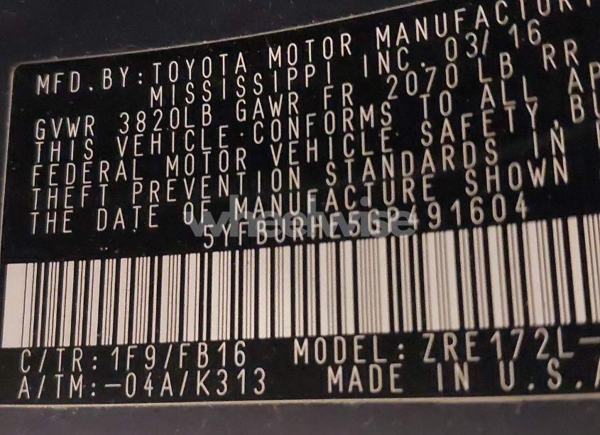 Photo 9 of 2016 Toyota Corolla LE (VIN 5YFBURHE5GP491604)