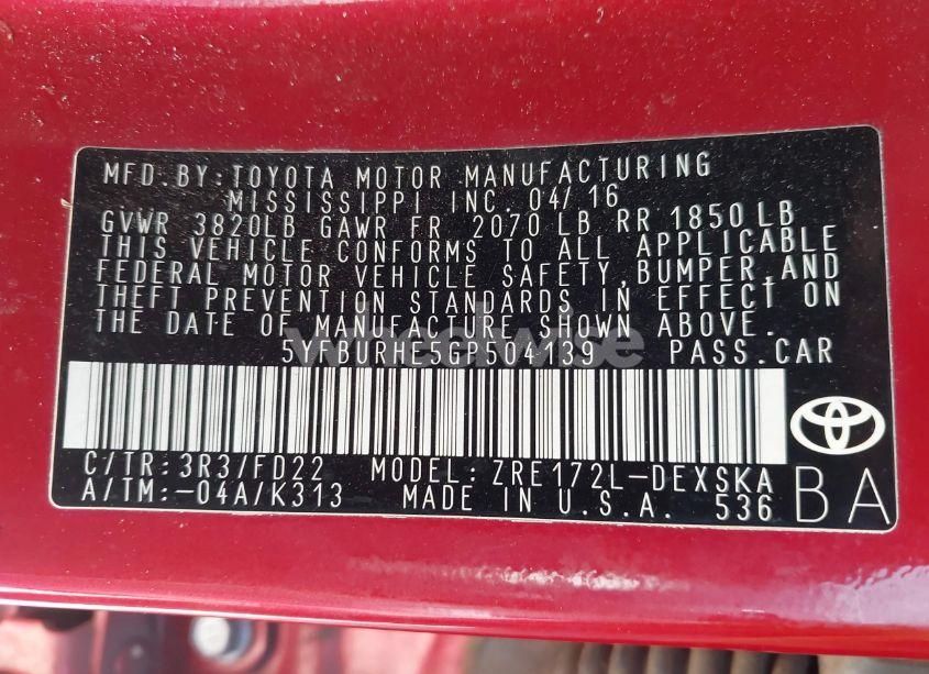 Photo 9 of 2016 Toyota Corolla S (VIN 5YFBURHE5GP504139)