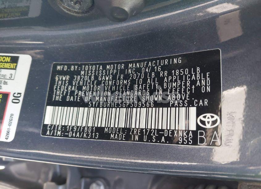 Photo 9 of 2016 Toyota Corolla LE PLUS (VIN 5YFBURHE5GP509566)