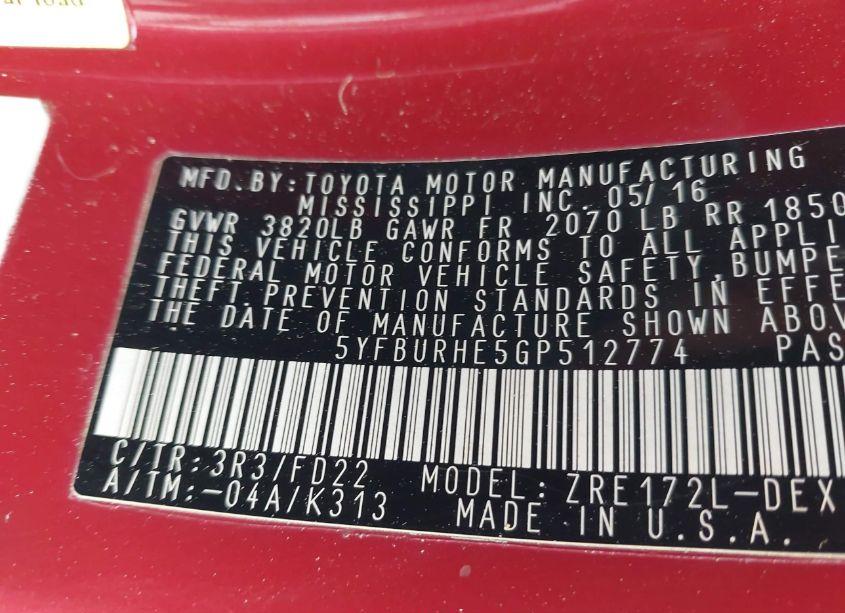 Photo 9 of 2016 Toyota Corolla S PLUS (VIN 5YFBURHE5GP512774)