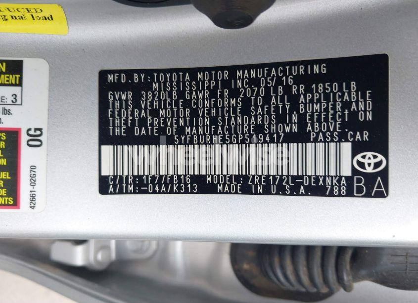 Photo 9 of 2016 Toyota Corolla LE (VIN 5YFBURHE5GP519417)