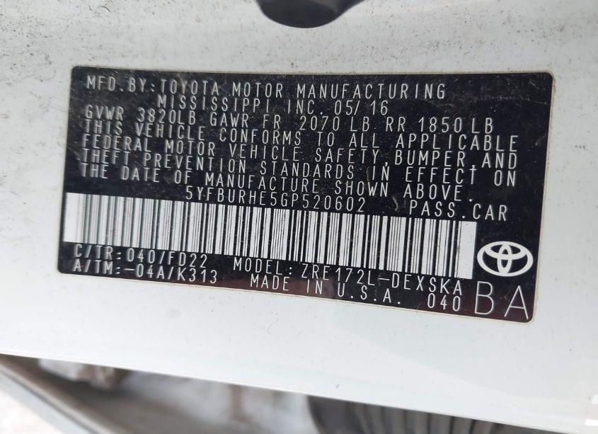 Photo 9 of 2016 Toyota Corolla S PLUS (VIN 5YFBURHE5GP520602)