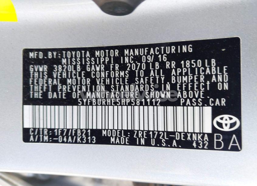 Photo 9 of 2017 Toyota Corolla LE (VIN 5YFBURHE5HP581112)