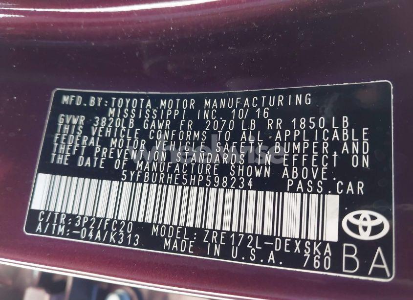 Photo 9 of 2017 Toyota Corolla SE SPECIAL EDITION (VIN 5YFBURHE5HP598234)