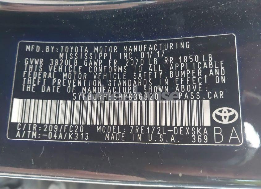 Photo 9 of 2017 Toyota Corolla SE (VIN 5YFBURHE5HP636920)