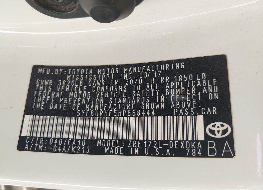 Photo 9 of 2017 Toyota Corolla L (VIN 5YFBURHE5HP668444)