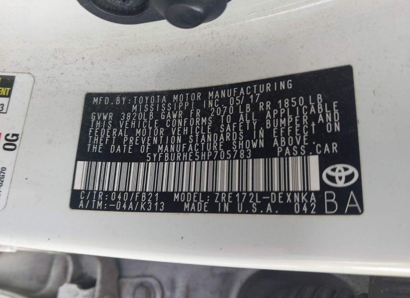 Photo 9 of 2017 Toyota Corolla LE (VIN 5YFBURHE5HP705783)