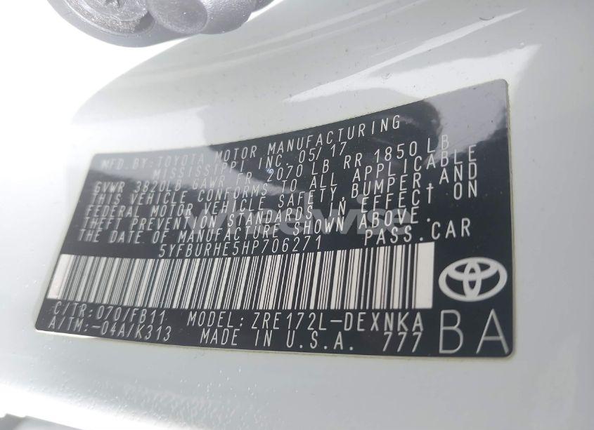 Photo 9 of 2017 Toyota Corolla LE (VIN 5YFBURHE5HP706271)