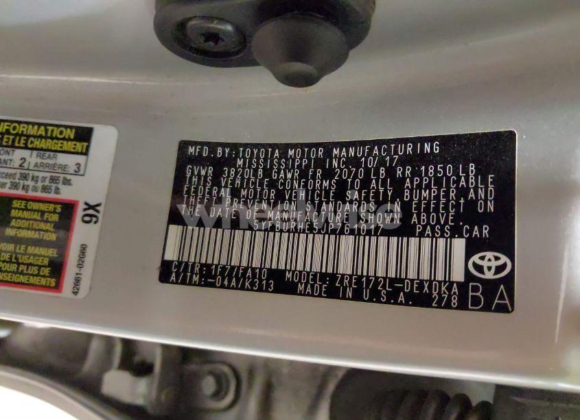 Photo 9 of 2018 Toyota Corolla L (VIN 5YFBURHE5JP761017)