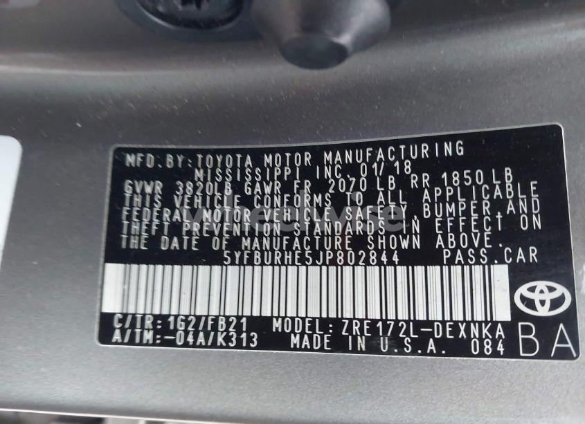 Photo 9 of 2018 Toyota Corolla LE (VIN 5YFBURHE5JP802844)