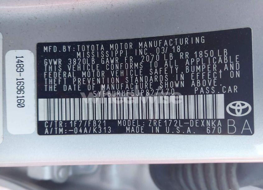 Photo 9 of 2018 Toyota Corolla LE (VIN 5YFBURHE5JP827470)