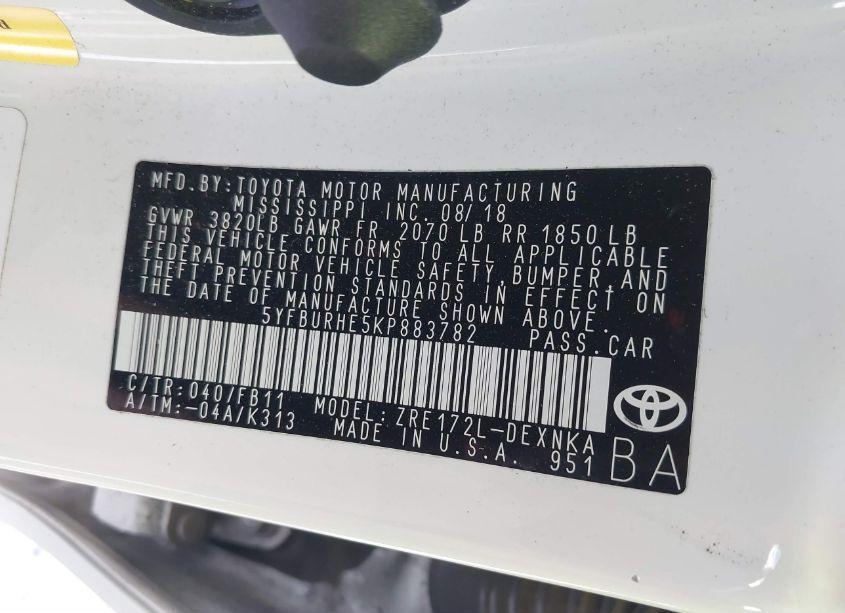 Photo 9 of 2019 Toyota Corolla LE (VIN 5YFBURHE5KP883782)