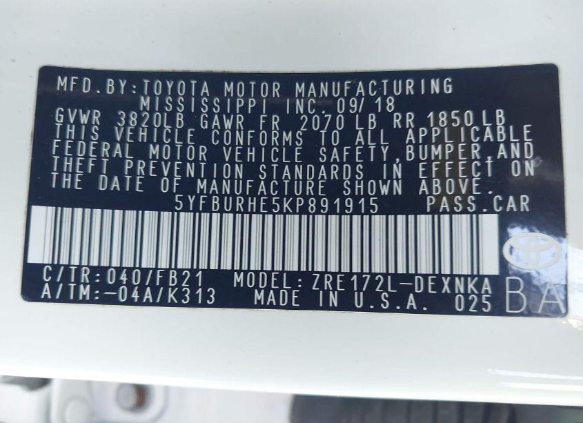 Photo 9 of 2019 Toyota Corolla LE (VIN 5YFBURHE5KP891915)