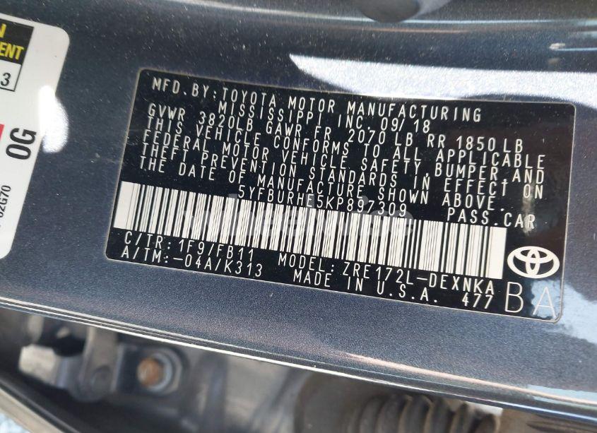 Photo 9 of 2019 Toyota Corolla LE (VIN 5YFBURHE5KP897309)