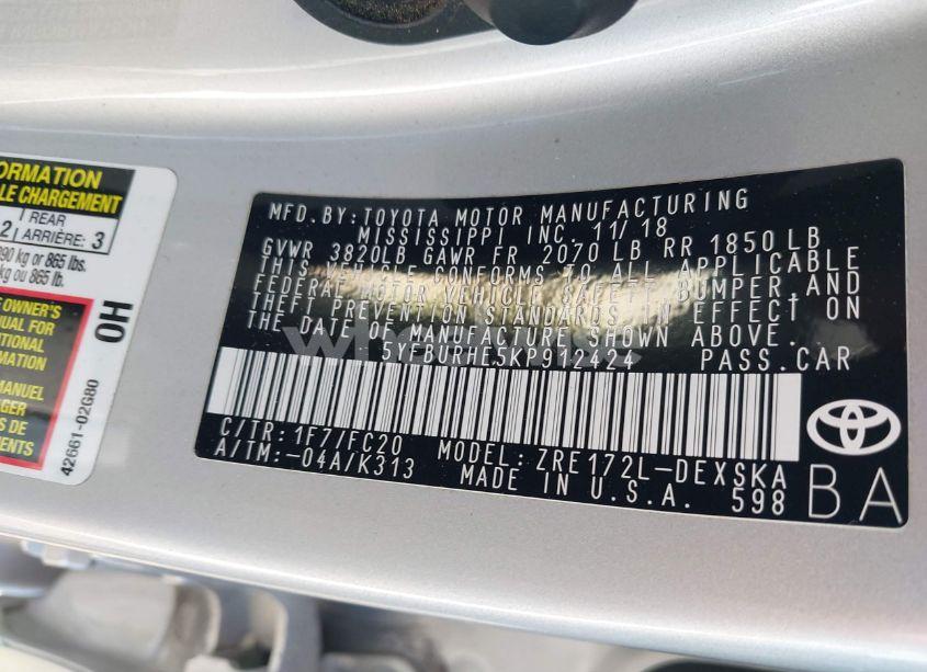 Photo 9 of 2019 Toyota Corolla L/LE/XLE/SE/XSE (VIN 5YFBURHE5KP912424)