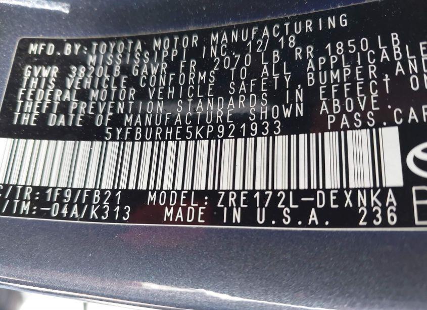 Photo 9 of 2019 Toyota Corolla LE (VIN 5YFBURHE5KP921933)