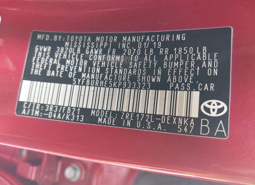 Photo 9 of 2019 Toyota Corolla LE (VIN 5YFBURHE5KP933323)