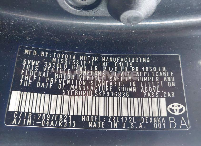 Photo 9 of 2019 Toyota Corolla LE (VIN 5YFBURHE5KP936836)