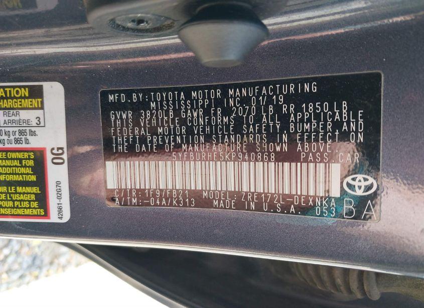 Photo 9 of 2019 Toyota Corolla LE (VIN 5YFBURHE5KP940868)