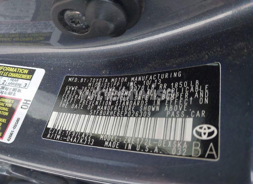 Photo 9 of 2014 Toyota Corolla L/LE/LE PLS/PRM/S/S PLS (VIN 5YFBURHE6EP026309)