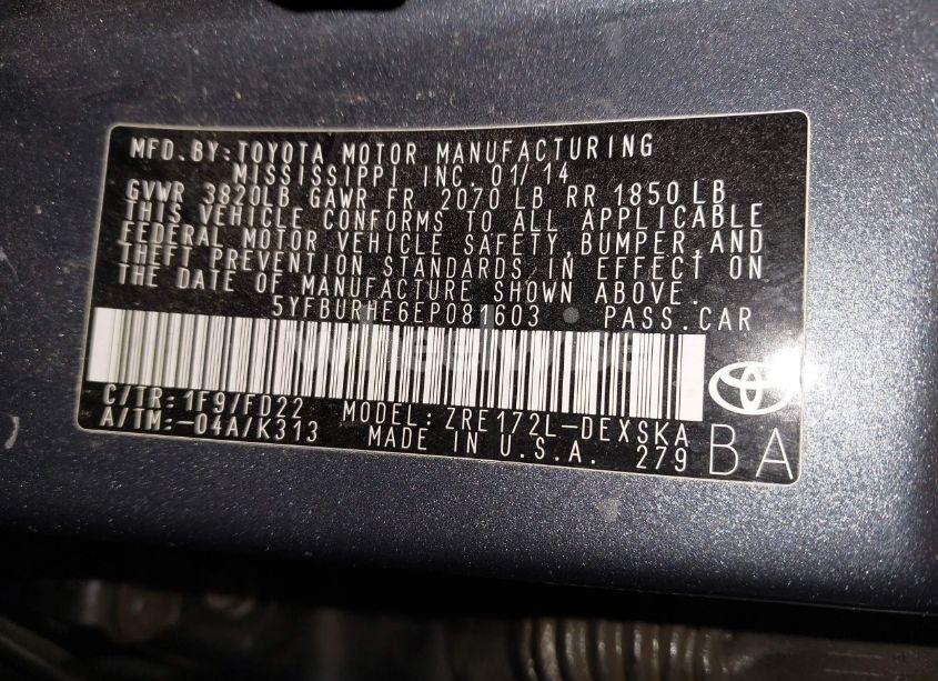 Photo 9 of 2014 Toyota Corolla S PLUS (VIN 5YFBURHE6EP081603)