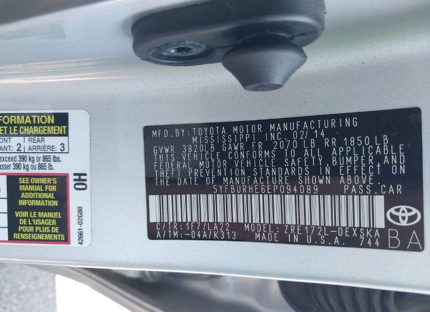 Photo 9 of 2014 Toyota Corolla L/LE/LE PLS/PRM/S/S PLS (VIN 5YFBURHE6EP094089)