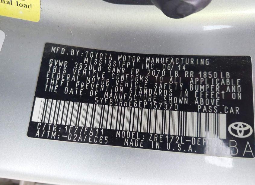 Photo 9 of 2014 Toyota Corolla L (VIN 5YFBURHE6EP157370)