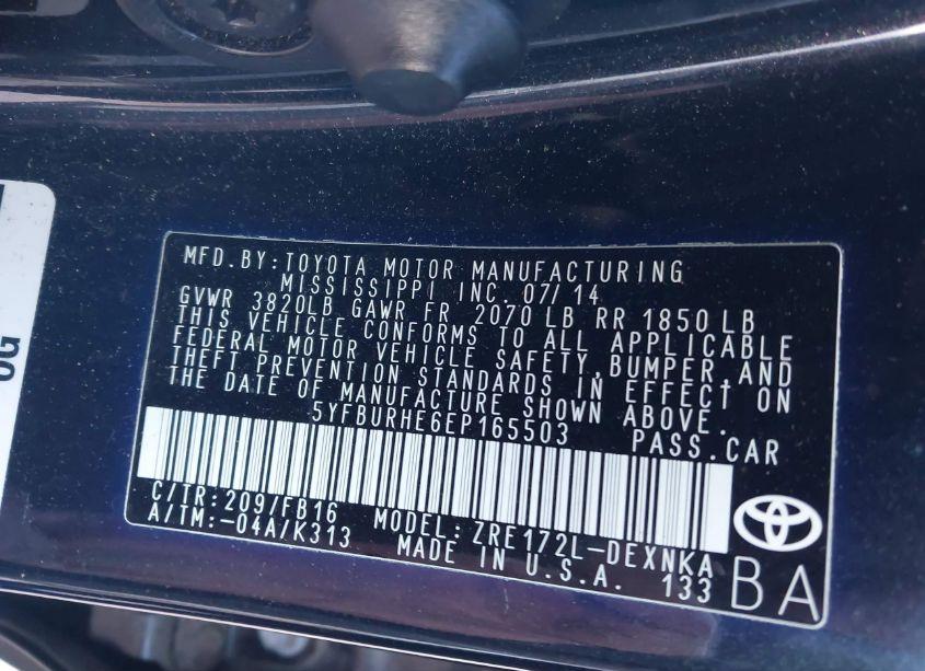 Photo 9 of 2014 Toyota Corolla LE PLUS (VIN 5YFBURHE6EP165503)