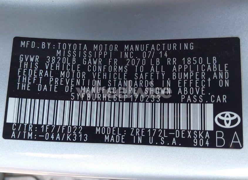 Photo 9 of 2014 Toyota Corolla S PLUS (VIN 5YFBURHE6EP170233)