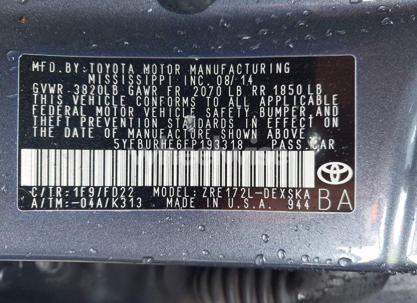 Photo 9 of 2015 Toyota Corolla L/LE/LE PLS/PRM/S/S PLS (VIN 5YFBURHE6FP193318)