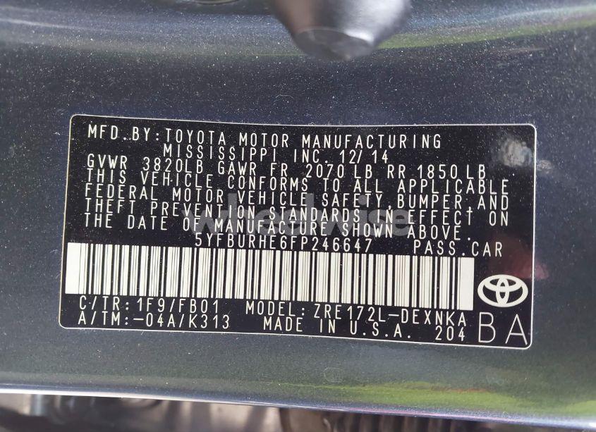 Photo 9 of 2015 Toyota Corolla LE (VIN 5YFBURHE6FP246647)