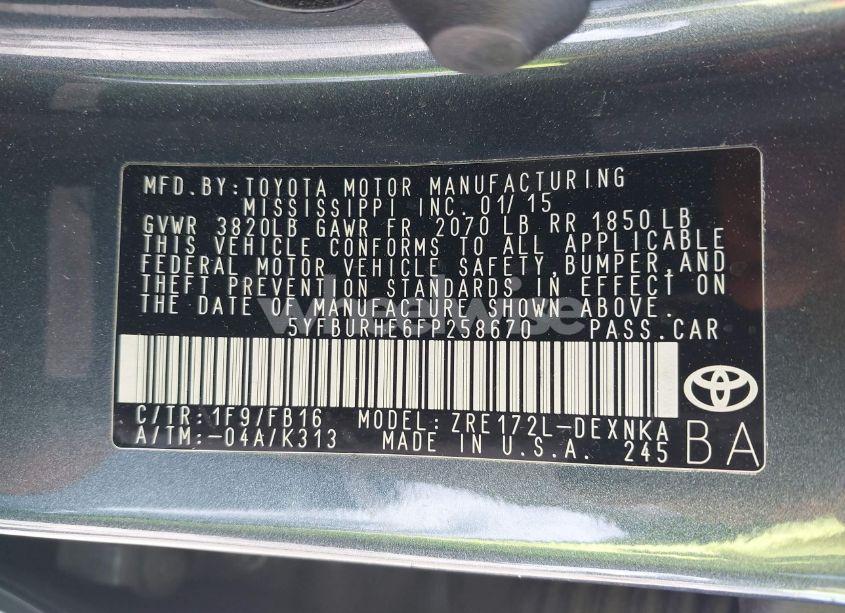 Photo 9 of 2015 Toyota Corolla L/LE/LE PLUS/LE PREMIUM/S/S PLUS/S PREMIUM (VIN 5YFBURHE6FP258670)